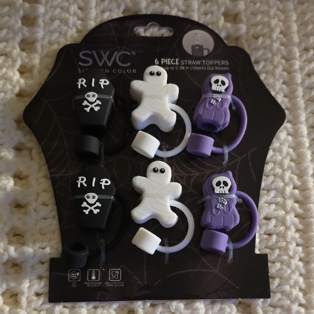 Halloween Straw Toppers Set - Black, White, and Purple
